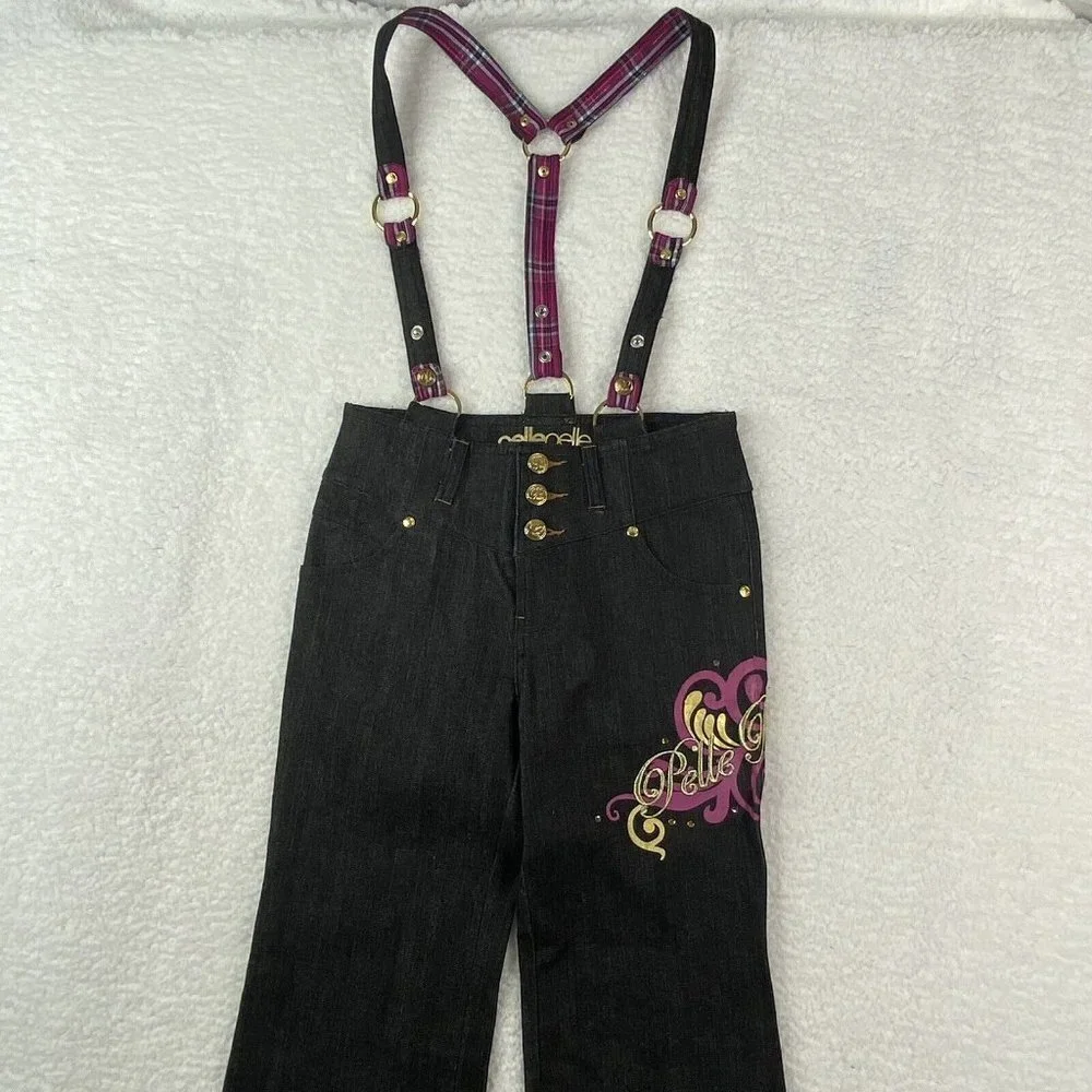 Y2K Pelle Pelle Girls‎ Jeans 10 Black Suspender Embroidered Hip Hop Festival VTG